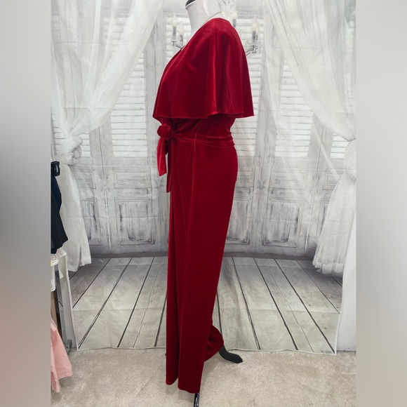NEW Alex Marie Beth Velvet Jumpsuit Crimson Red Cape Sleeve V Neck Belted Formal - Picture 7 of 13